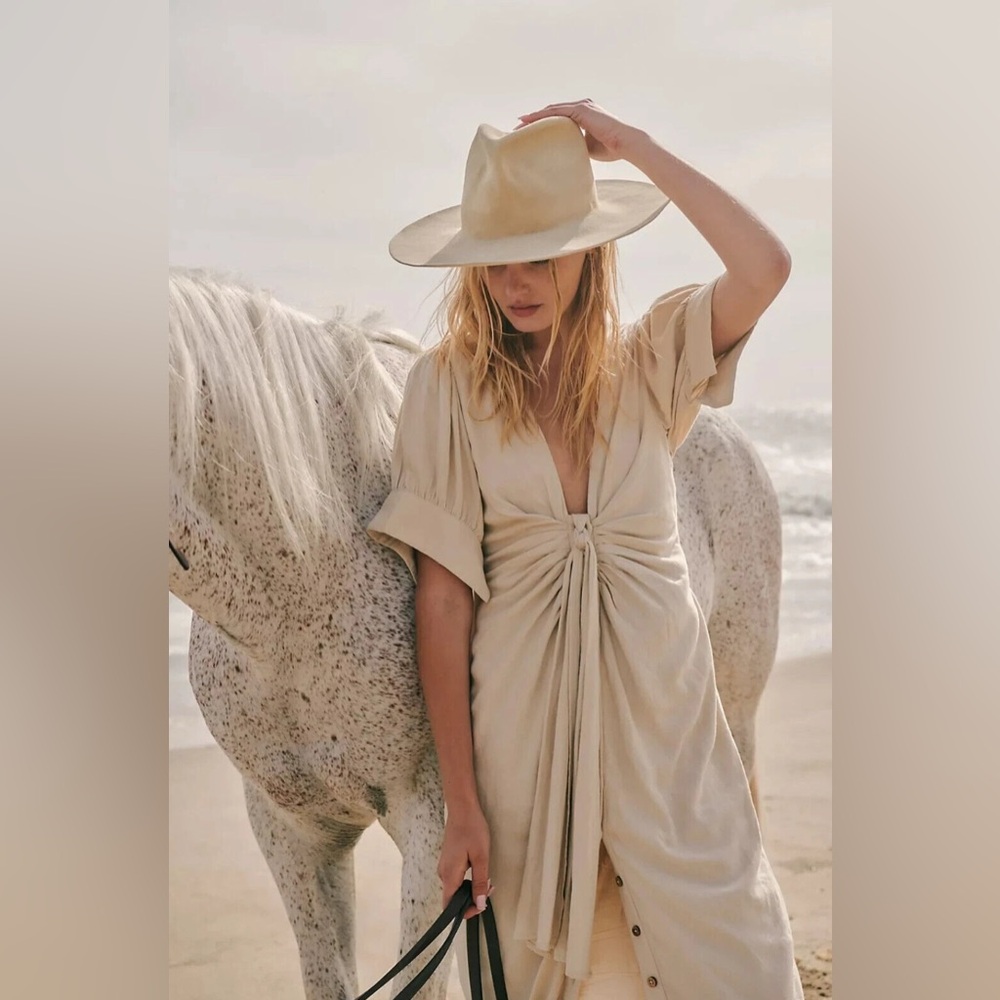 Free People Vintage Summer Neutral Tie Front Midi Dress Small Boho Linen EUC - Picture 1 of 10